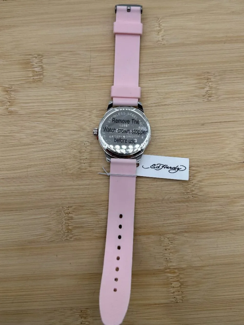 ED HARDY Ladies Light Silver Dial/Matte Pink Artwork Silicone Strap Analog Watch